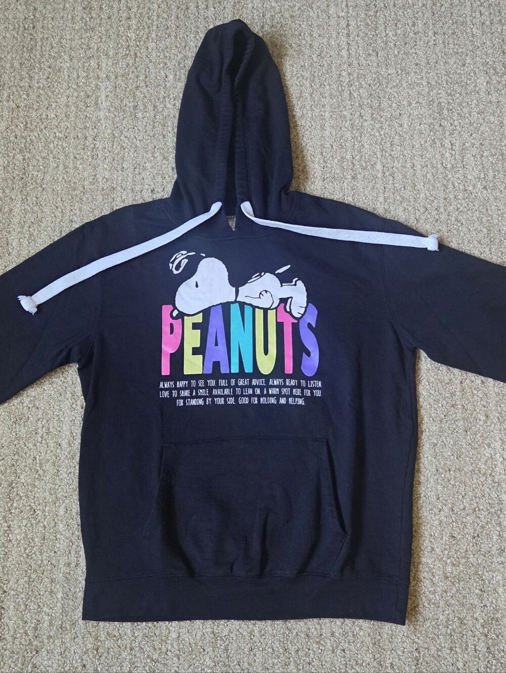Peanuts Snoopy Black Hoodie Sweatshirt Size M Rainbow Lettering